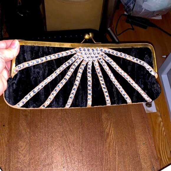 Vintage Betsey Johnson Black Velvet Studded Kiss Lock Clutch - Picture 1 of 5